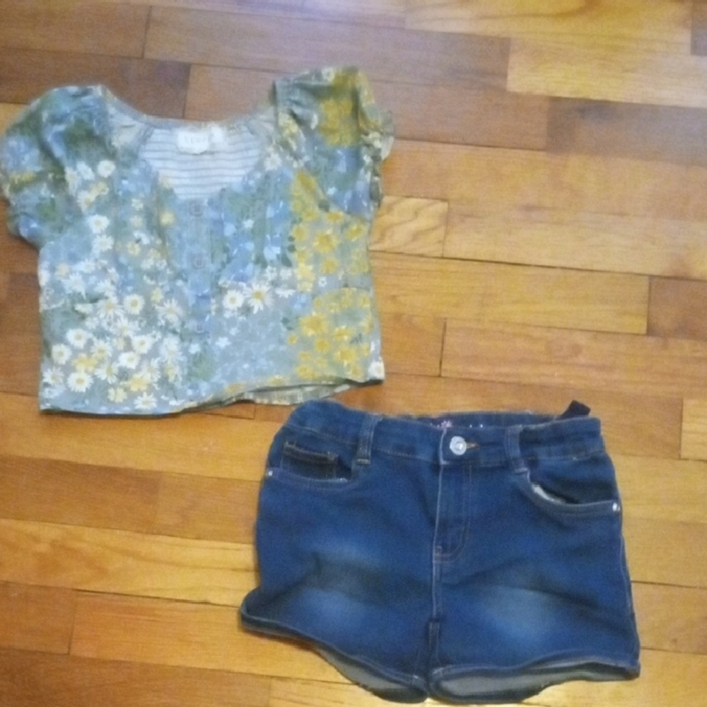 Girls Floral Crop Top - Green & Yellow and denim shorts, size 8
